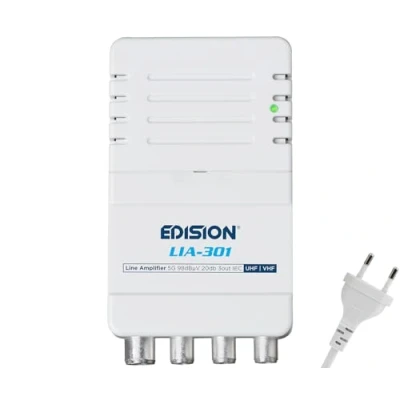 Bild av EDISION LIA 301 Förstärkare TNT TV antenn UHF/VHF, justerbar 5 20 db, 98 dBmV, för digital marksänd DVB T/T2, med 5G LTE filter, 1 ingång, 3 utgångar, IEC kontakter