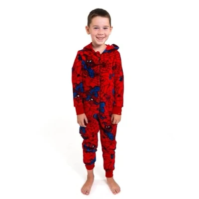 Bild av United Labels Marvel Spiderman jumpsuit med huva för pojkar, röd, 122 128, lång pyjamas, pyjamas i ett stycke barn