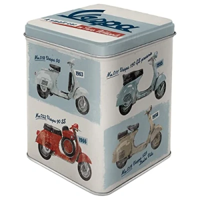 Bild av Nostalgic Art Teburk i retrostil, Vespa Model Chart Presentidé för skoterfans, Förvaring av tepåsar och te lös vikt, Deko vintagedesign, 100 g