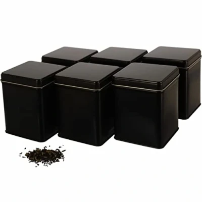 Bild av Burkriddare 6 x klassiska fyrkantiga teburkar/förvaringsburk, stapelbar, aromsäker av metall för 140 g Earl Grey, inkl. etiketter 9,8 7,6 cm (H B, T) också perfekt som mjöl eller