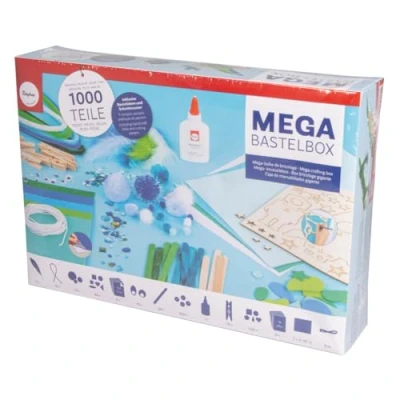 Bild av Rayher 69185000 Mega pysselset, 1 000 delar, vit/blå/gröna toner, pysselset barn, kreativt set, piprengörare, pom poms, fjädrar, skakiga ögon, paljetter, pyssellim, hantverk barnfödelsedag, färgglada