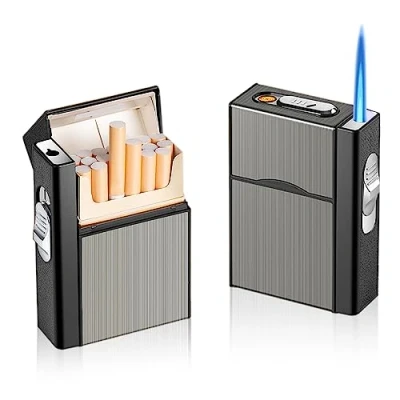 Bild av Nizirioo Cigarettfodral med tändare aluminium cigarettbox: Vindtät gaständare stormtändare kan ladda 20 uttag, USB laddning (säljs utan gas)