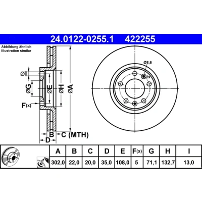 Bild av ATE 24.0122 0255.1 Disque de frein 302,0 22,0 5 108,0 ventilé revêtu CITROËN: C6 Berline
