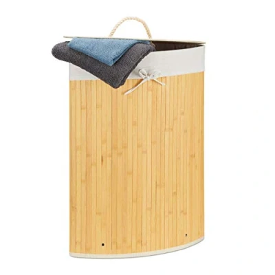 Bild av Relaxdays hörnkorg i bambu, 65 x 49,5 37 cm, 64 L, hopfällbar korg med tvättsäck, kräm