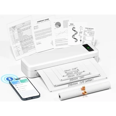 Bild av Bärbar termisk skrivare A4 bläckfri trådlös Bluetooth 300Dpi kompatibel med iOS, Android och PC, 2 600 mAh liten för 216/210/110/80/53 mm termiskt papper, resor, kontor, skola, hem, bil