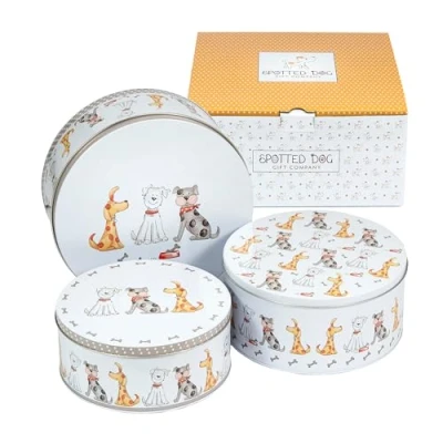 Bild av SPOTTED DOG GIFT COMPANY Set med 3 Metall kakburkar, Lufttäta Bakverksburkar, Runda Tårtburkar för Förvaring av Kakor och Kex 25 x 11 cm, 22 10 20 9 cm Söta Hundar