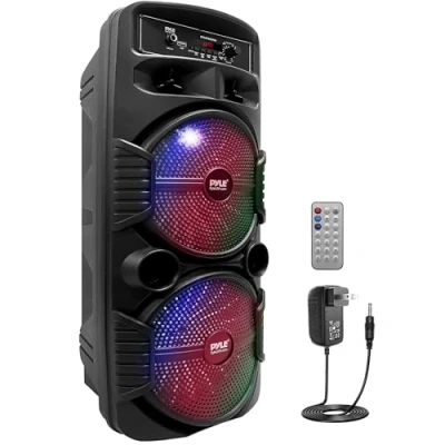 Bild av Portable Bluetooth PA Speaker System 600 W uppladdningsbart utomhus högtalare med dubbel 8 tums subwoofer 1 tum tweeter, mikrofon in, partylampor, USB, radio,
