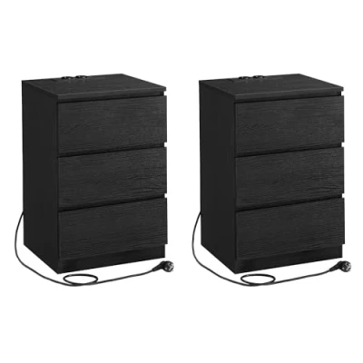 Bild av VASAGLE LET631B56 sängbord, sidobord, 3 lådor, fasad kant, 2 AC uttag, USB portar, vardagsrum, sovrum, arbetsrum, modernt, ebenholts svart