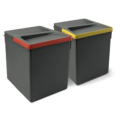 Bild av Emuca behållare för kökslådor med luktsäkert lock, utskuren bas avfallssortering, H 266 mm (10,4 tum), 2 x 15 L, antracit grå plast