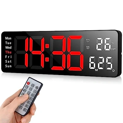 Bild av Fuloon Digital väggklocka, USB väggklocka med stor skärm, LED digitalklocka fjärrkontroll, nedräkningsdimmer, klocka datum, vecka, temperatur (röd, 13 tum)