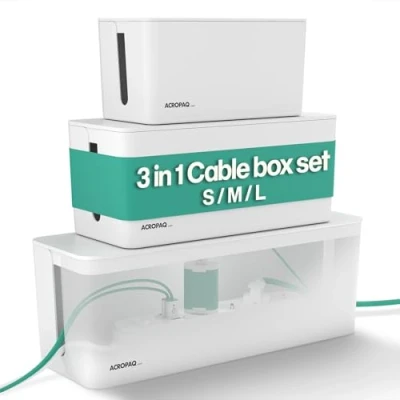 Bild av ACROPAQ Kabellåda för förvaring 3 i 1 set, håll din kabel prydlig, liten, medium och stor, vattentät, halkfri kabelhanteringsbox, kabelbox, förlängningsledningsfodral, kabelbox städad vit