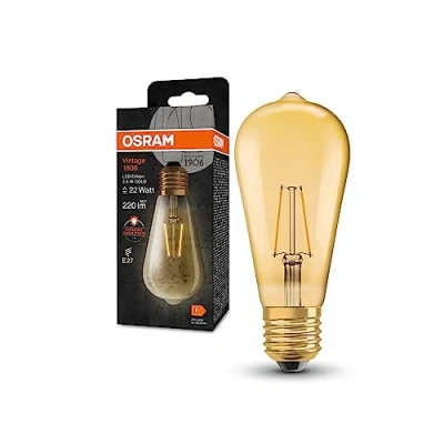 Bild av OSRAM Vintage 1906® Classic Edison FIL LED lampa, E27, guld, 2,2W, 250lm, 2400K, varmvit komfortljusfärg, mycket låg energiförbrukning, lång livslängd