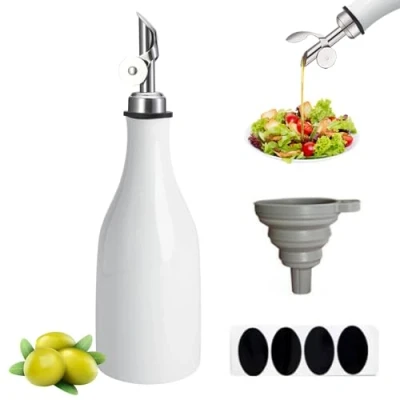 Bild av Qivine oljeflaska 300 ml, vit keramik olivolja dispenser flaska med tratt, pip och etiketter, liten oljedispenser för olja, vinäger