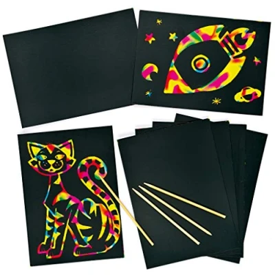 Bild av Baker Ross EV571 skrapbilder blad scratch konst regnbågsfärg för repkonstbilder bra som present, 8 stycken, sorterade, 21 cm x 15 cm, pack