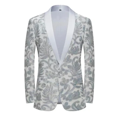 Bild av PYJTRL Män mode sammet paljetter blommönster kostym jacka blazer, SILVER, XL