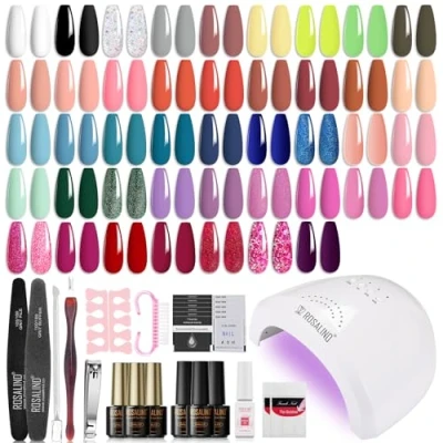 Bild av ROSALIND semi permanent Varnish kit 43 färger vit gul svart grön lila paljetter nagellack gel nagelkit komplett 48 W UV lampa naglar manikyrverktyg nagelkonst