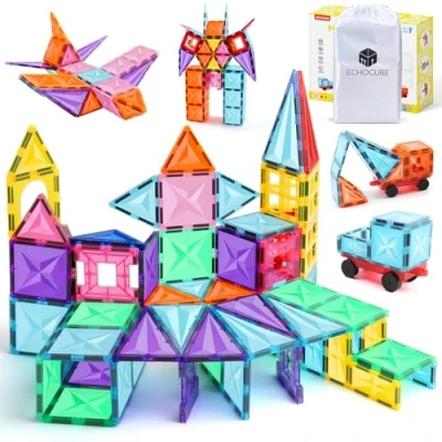 Bild av ECHOCUBE Magnetiska Byggklossar, 100 PCS Byggstenar Kakel för Barn, Pedagogiska Byggmagnetleksaker Plattor Julklapp 3+ år Gamla Pojkar och Flickor