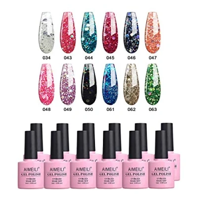 Bild av AIMEILI Soak Off UV LED glitter gel nagellack flerfärgad/mixad färg/kombo färg set med 12 st x 10 ml kit 7