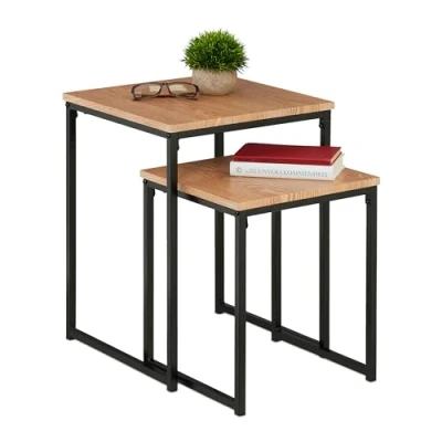Bild av Relaxdays Sidobord set om 2, stapelbar, industriell design, bordsset 2 storlekar, kvadrat, metall, ljusbrun/svart