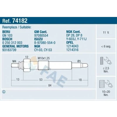 Bild av FAE 74182 Bougie de préchauffage 11V M 10x1.25 OPEL: Corsa B 3/5 portes, Combo Van, Astra F CC, VAUXHALL: Mk1