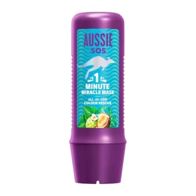 Bild av Aussie SOS 1 minut Miracle All In One Color Rescue ansiktsmask, 250 ml. Ger intensivt näring åt torrt och färgat hår. Mer glans, ljus mjukhet, för ett rakt, mjukt återfuktat hår