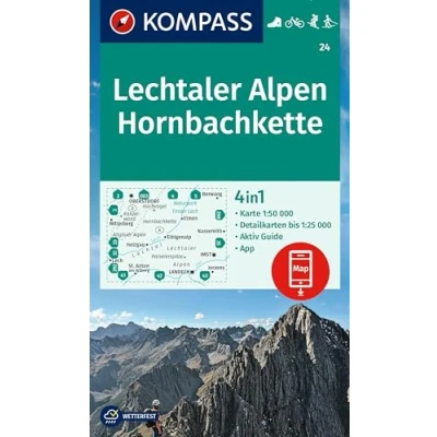Bild av KOMPASS Wanderkarte 24 Lechtaler Alpen, Hornbachkette 1:50.000: 4in1 mit Aktiv Guide und 1:25000 Karten, inklusive Kartenbereich zur ... in der App. Fahrradfahren. Skitouren.