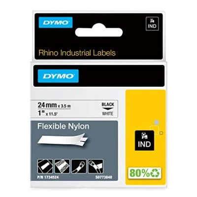 Bild av Industriella, flexibla DYMO Rhino nylonetiketter 24 mm x 3,5 m Svart text på vit tejp Självhäftande För LabelManager och etikettskrivare