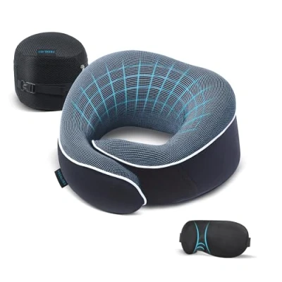 Bild av Proglobe Resekudde set med 100% Pure Memory Foam, Nackkudde för sömn, bil och flygresor, Rese kit 3D konturerad ögonmask, öronproppar lyxig meshväska (Blue)