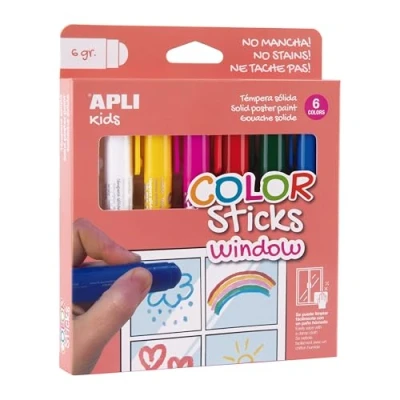 Bild av APLI Kids 19363 Color Sticks Window Solid stick gouache för att rita på fönster och andra glasytor 6 pinnar i olika färger.