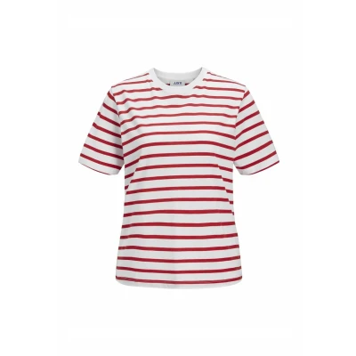 Bild av JACK &amp; JONES Dam Jxanna Ss Regular Every Tee JRS t shirt, ljus vit/ränder: racing röd, Large, Ljusa vita/ränder: Racerröd, L