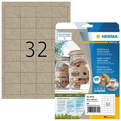 Bild av HERMA 10752 Universella etiketter av gräspapper, 20 ark, 48,3 x 33,8 mm, 32 per A4 640 stycken, självhäftande, tryckbara, matt, blankt silfipapper, självhäftande etiketter, naturbrun