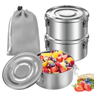 Bild av 3 stycken matlådor i rostfritt stål, 360 ml livsmedelsbehållare för barn, läckagesäker lunchlåda snackslåda metallburkar med lock, förvaringsburkar snacks, müsli,