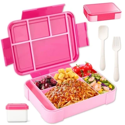 Bild av WECUTE lunchlåda för barn, 1 330 ml Bento Box barn och vuxna med 5 fack bestick plast BPA fri matlåda, mikrovågsugn (röd rosa)