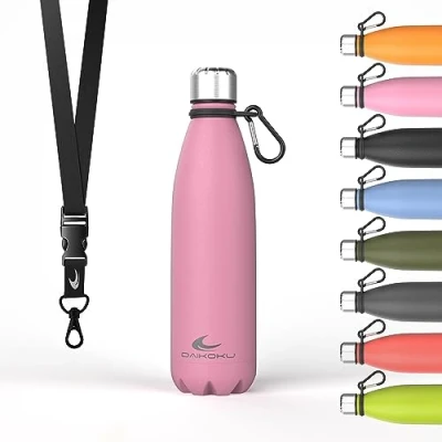 Bild av Daikoku Stainless Steel Bottle + Justerbar rem karbinhake, BPA Free Double Walled Thermos, återanvändbar vattenflaska, lufttät lock, rosa färg, kapacitet 500 ML