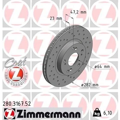 Bild av ZIMMERMANN SPORT COAT Z 280.3167.52 Disque de frein 282 23 9/5 5 114 ventilé l&#039;intérieur, troué revêtu HONDA: CIVIC 7 Hatchback, CR V 2, Stream I