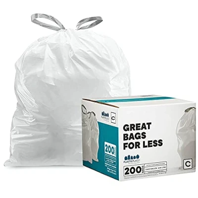 Bild av Plastplace Papperskorgar kompatibla med simplehuman Code C (200 antal) vit dragsko skräpfoder 2,63,2 gallon / 1012 liter, 37,5 cm x 50,8