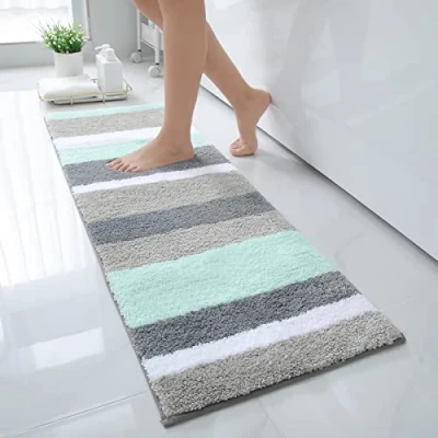Bild av Homaxy Halkfri badmatta, mjuk mikrofiber randig badrumsmatta, absorberande badmatta med lång lugg, maskintvättbar, 40 x 120 cm grön/grå