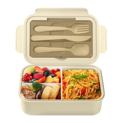 Bild av Diboniur Lunchbox, Bento lunchlåda, barn, vuxen, låda, 1 400 ml med 3 fack, läckagesäker lunchlåda bestick, lämplig för mikrovågsugn i diskmaskinen, skola picknick arbete (kaki)