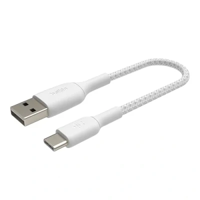 Bild av Belkin flätad laddningskabel USB C till för iPhone 15, Plus, Pro, Pro Max, Samsung Galaxy S24, S23, Note 20, Pixel 7, iPad Mini, Nintendo Switch, Type laddningskabel, 15 cm Vit