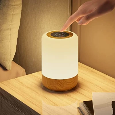Bild av LED sänglampa Touch dimbar, bordslampa batteridriven 8 färger och 3 lägen, Wood Grain Night Light Batteri USB laddning med tidsfunktion för vardagsrummet i sovrummet
