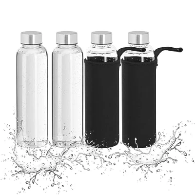 Bild av Relaxdays Vattenflaska set om 4, 500 ml, läckagesäker, glasflaska med fodral, H x D: ca 23,5 6,5 cm, transparent/svart