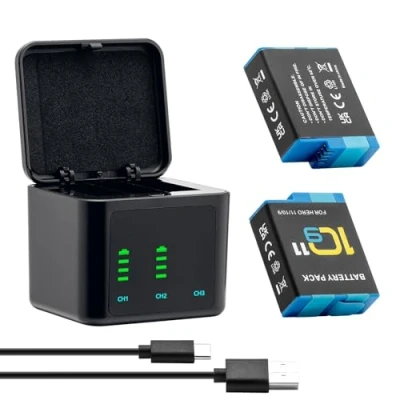 Bild av Hero 12 11 10 9 batteri (2 000 mAh 2 pack) uppladdningsbart och 3 kanals USB LCD batteriladdare helt kompatibel med Gopro 11, Hero10, x batterier +1 x)