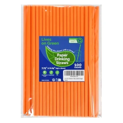 Bild av Lives on Green 19,7 cm massivt orangefärgat papper sugrör unwrapped 100 räkningar för cocktail, bar, restauranger, vatten, juice, läsk