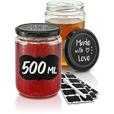 Bild av Set Med 12 konserveringsburkar skruvlock 500 ml Marmeladburkar etiketter och penna Lufttäta Diskmaskinssäkra Perfekt att ge bort som present.