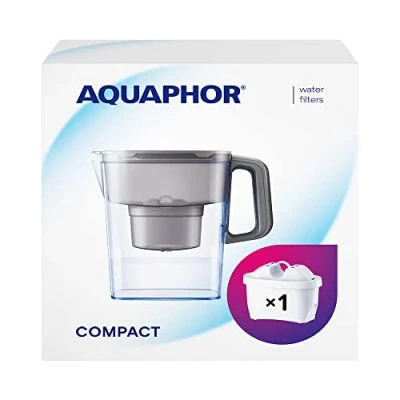 Bild av AQUAPHOR Vattenfilterkanna Compact grå inklusive 1 Maxfor+ filter i Plastkaraff 2,4 liter Minskar kalk, klor &amp; tungmetaller Kompakt lätt vattenfilter Passar kylskåpsdörren