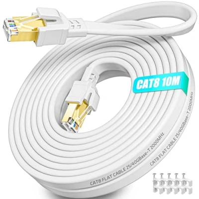 Bild av Nätverkskabel 10m, Cat 8 Ethernet Kabel Platt Lan 10m Höghastighets 40 Gbps 2000 MHz Internetkabel RJ45 Gigabit Cable Lång Vit Patchkabel för Router Switch Modem