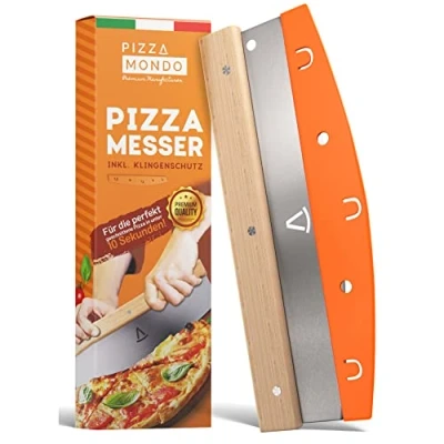 Bild av Pizza Mondo® Pizzaskärare Professionell Pizzakniv (pizza cutter) effektivare än pizzahjul i rostfritt stål 32cm med trähandtag Snabb och jämn skärning.