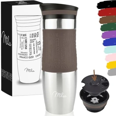 Bild av Milu termosmugg 370 ml, 450 isolerande mugg, kaffemugg to go 100 % läckagesäker dryckesmugg i rostfritt stål bilmugg, dubbelväggsisolering, resemugg (brun, ml)