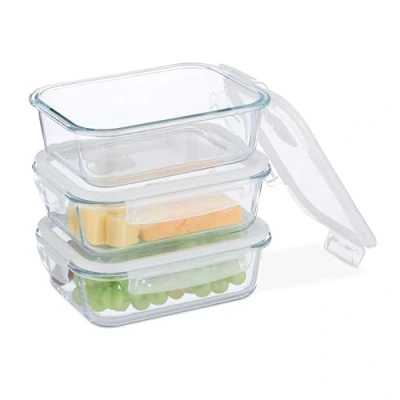 Bild av Relaxdays Livsmedelsbehållare med lufttätt lock, set om 3 skålar på 1 040 ml, äppelprep, transparent, silikon, plast, glas
