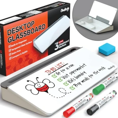 Bild av Chalkola Skrivbords whiteboard i glas med förvaring torr raderings bräda, organisatörer, datortangentbordsstativ, tillbehör för hemmakontor, liten vit tavla, arbetsyta skrivbordskompis + 3 markörer